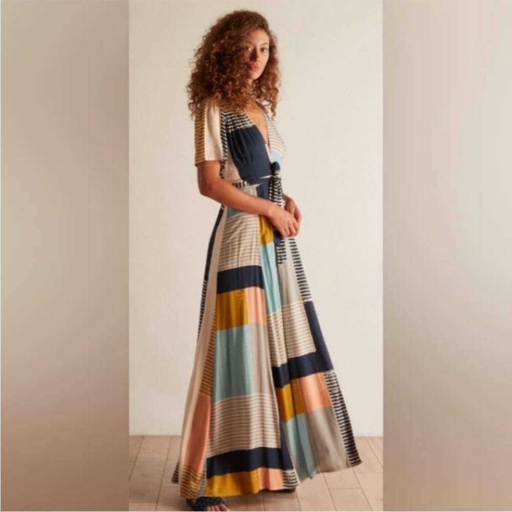 Anthropologie Blue and Orange Wrap Sundress with Plunge Neckline Silk Fabric
